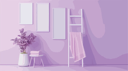 Ladder with towel and blank photo frames on lilac wal