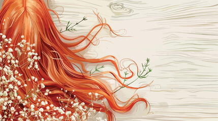 Ginger hair with beautiful gypsophila flowers on ligh