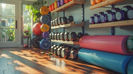 Naklejka premium A Home Gym Oasis. Bright Natural Lighting Highlights Tidy Free Weight Rack and Colorful Rolled Yoga Mats