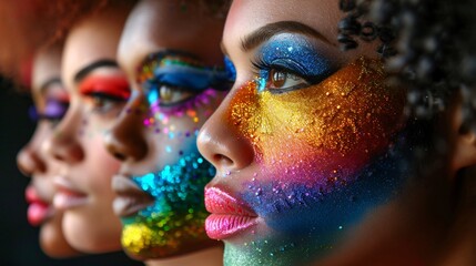 Diverse group of drag performers with vibrant makeup, celebrating at a pride parade, highlighting acceptance and LGBTQ+ culture.