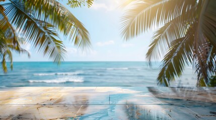 Beautiful marble table top with a blurred beach and palm trees background for product display montage
