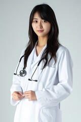 Doctor's Professional Attire: Full face no crop of a Pretty Young Japanese Super Model in a Sophisticated White Lab Coat and Stethoscope, showcasing medical professionalism with a poised demeanor