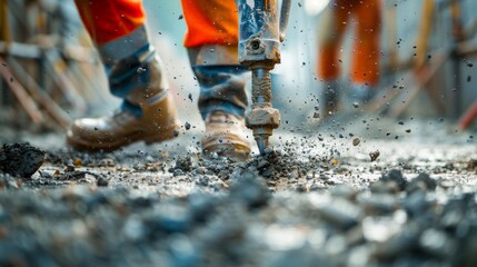 A Construction Worker Skillfully Operates a Jackhammer, Precision-Drilling the Concrete Surface with Expertise and Efficiency