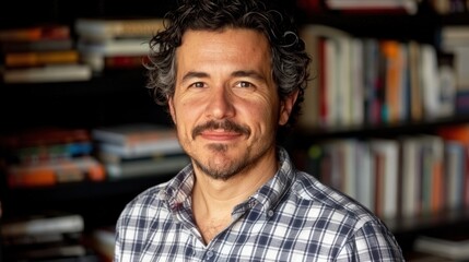Fototapeta premium Man Standing in Front of Bookshelf