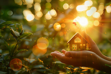 Hold your dream home in your hand, bathed in sunlight, symbolizing hope and possibility. AI generative.