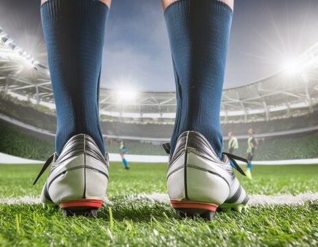 Fu&szlig;baller mit Fu&szlig;ballschuhen und Schuhen steht in der Mitte des Fu&szlig;ballfeldes und schaut zum Tor im Stadion - Kameraf&uuml;hrung von hinten