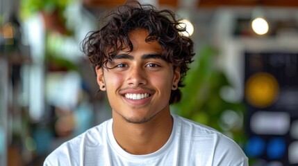 Fototapeta premium Smiling Young Man With Curly Hair