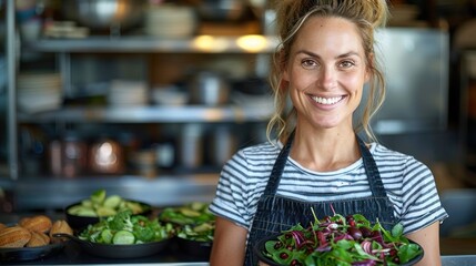 Obraz premium Smiling Woman Holding Plate of Salad