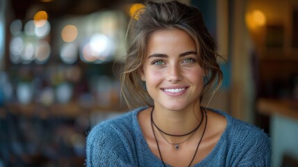 Smiling Woman in Blue Shirt