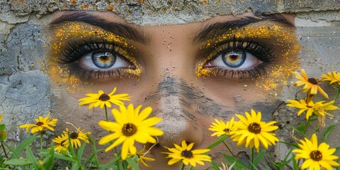 Artistic mural of eyes adorned with golden splashes, merging with vibrant yellow flowers against a textured earthy wall.