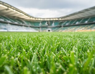 Fußballstadion mit leeren Rängen und schönem Gras - Kameraposition vom Mittelpunkt des Fußballfeldes