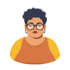 Woman wearing glasses earrings, serious expression, modern, casual attire. Female glasses, earrings, plussize, confident pose, stylish, mustard top Serious woman front view