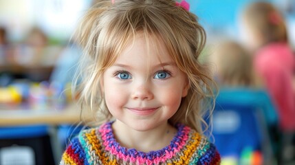 Fototapeta premium Young Girl in Colorful Sweater With Blue Eyes