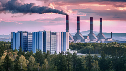 Obraz premium high-tech industry in a breathtaking forest, contrast between futuristic technology and nature, renewable power concept