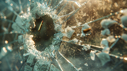 Shattered glass window with bullet hole