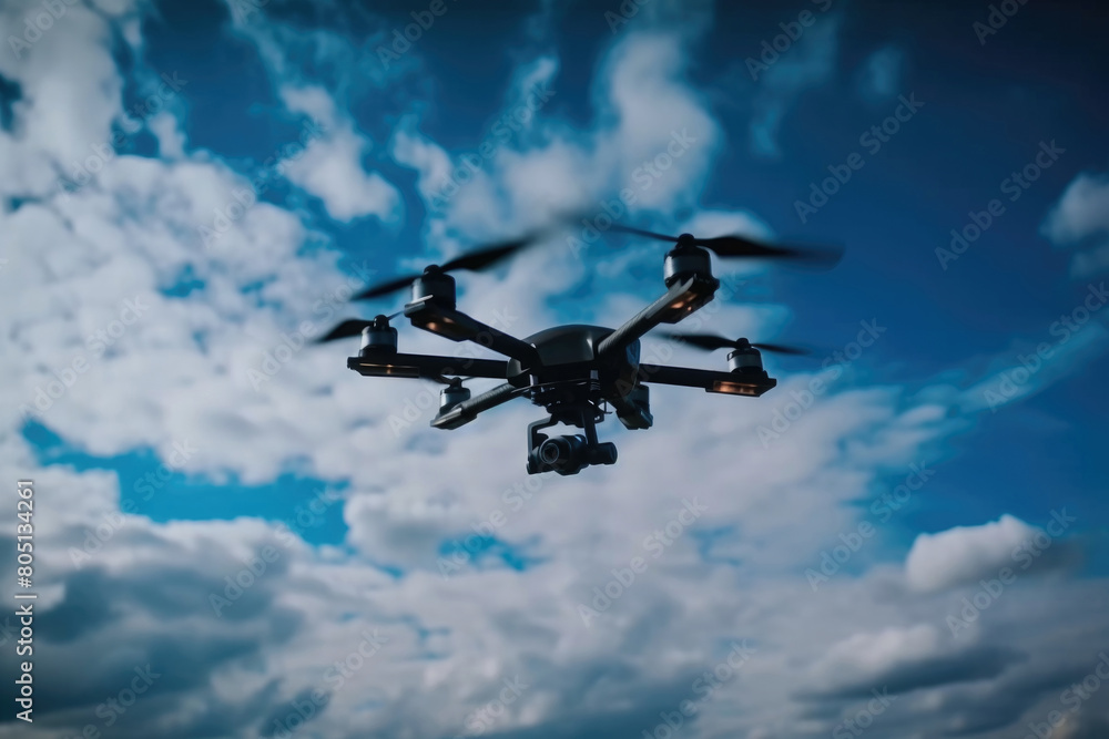 Poster a black and white image capturing a flying object in motion