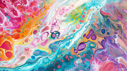 Fluid forms made of acrylic pouring with bright colours, iridescent background. Generative AI