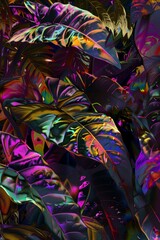 Fototapeta premium Abstract foliage and botanical background. Exotic plants background for banner, prints, decor, wall art. digital art, variegated trippy glowing textured leaves, vibrant colours