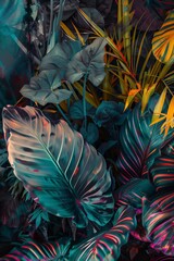 Abstract foliage and botanical background. Exotic plants background for banner, prints, decor, wall art. digital art, variegated trippy glowing textured leaves, vibrant colours