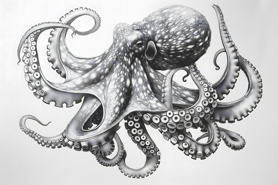 Octopus animal, with 8 coiled tentacles in realistic profile, analytic drawing