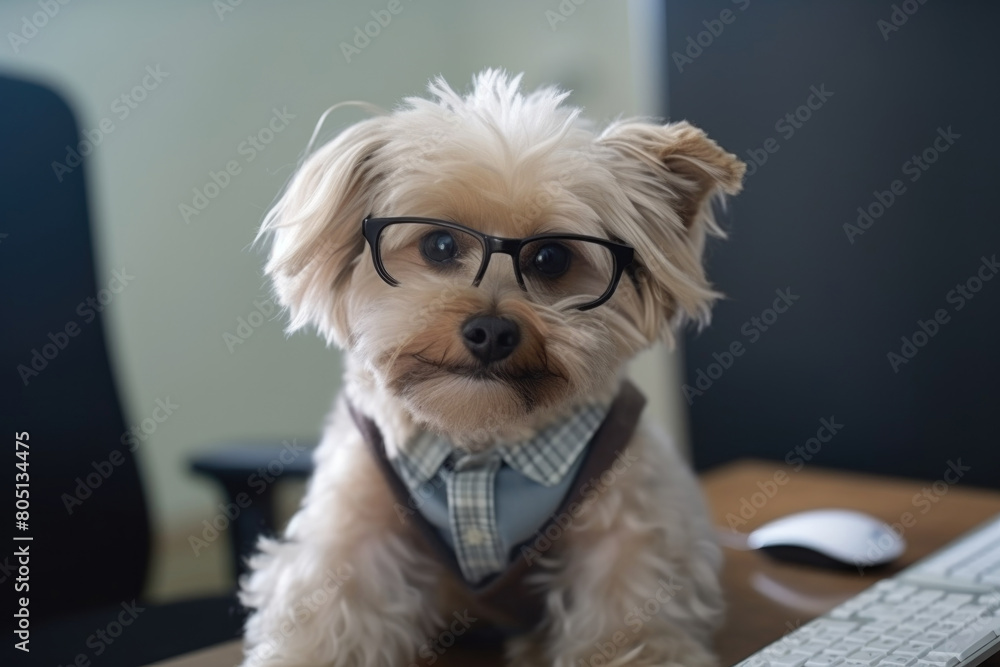 Poster a small dog wearing glasses sits in front of a computer keyboard in this quirky scene