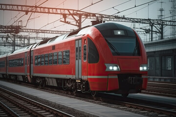 A red train is seen traveling down the train tracks next to a train station