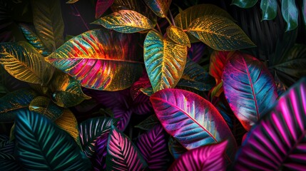 Abstract foliage and botanical background. Exotic plants background for banner, prints, decor, wall art. digital art, variegated trippy glowing textured leaves, vibrant colours