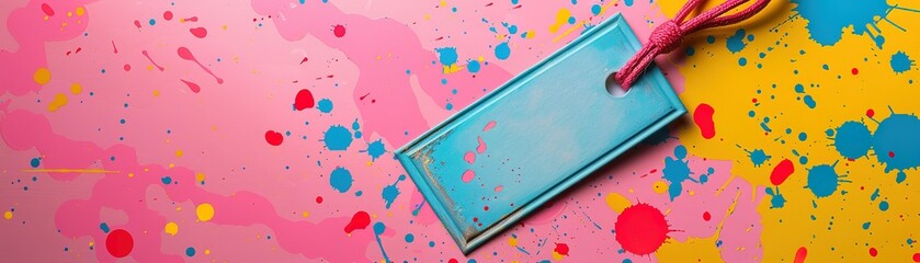 Dynamic composition featuring a blue wooden board with a pink rope against a vivid backdrop splattered with multiple bright paint colors. - Powered by Adobe