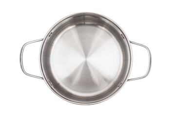 View above on empty stainless saucepan isolated on white background