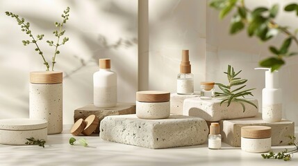 A soothing display of minimalist skincare products housed in eco-friendly, speckled containers with wooden caps, complemented by delicate greenery in a soft, natural light environment.