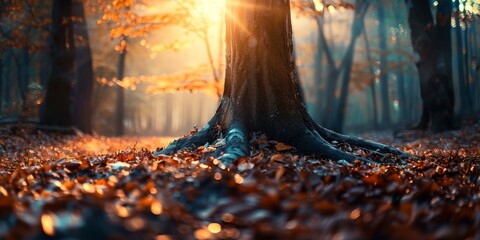 Tree Standing Amidst Fallen Leaves in Forest