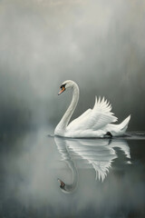 A white swan gracefully floats atop the calm body of water