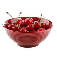 Red cherry in a bowl isolated on white background. PNG transparent with clipping path.