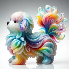 A stunning blown glass sculpture of a playful, cute puppy with seamlessly blended rainbow colors, white background
