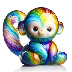 Fototapeta premium A stunning blown glass sculpture of a playful, cute Monkey with seamlessly blended rainbow colors, white background