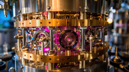 Fototapeta premium Close-up view of a complex machine featuring multiple interconnected gears working in harmony