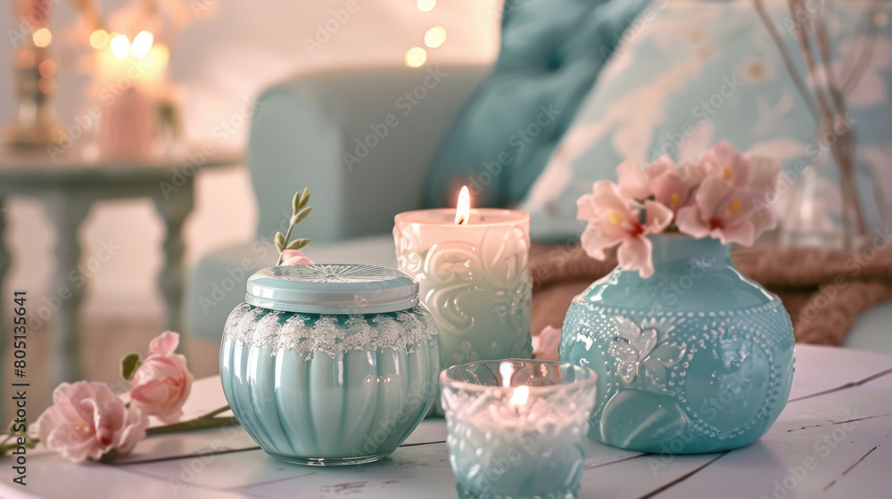 Poster a tabletop adorned with a collection of blue vases, each filled with colorful flowers. the vases are