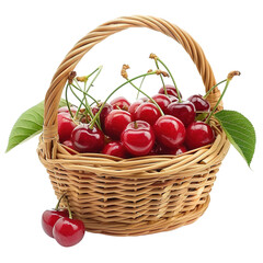 Sweet cherries in a basket isolated on white background. PNG transparent with clipping path.