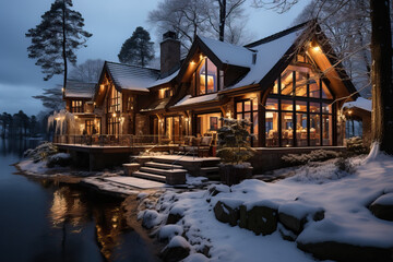 Fototapeta premium A house brightly lit up against a snowy backdrop, creating a warm glow in the cold winter night