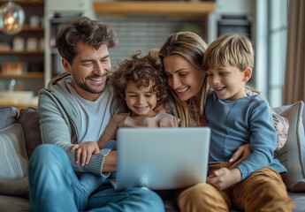family sitting on sofa with laptop