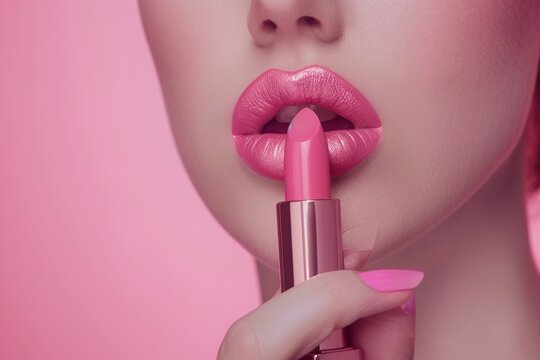Beautiful young woman with pink lips and pink lipstick on pink background, Ai Generated