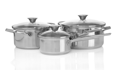 Group of stainless saucepans isolated on white background