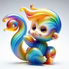 A stunning blown glass sculpture of a playful, cute Monkey with seamlessly blended rainbow colors, white background