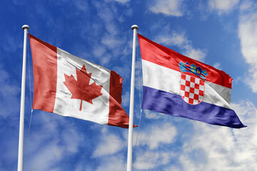 3D illustration. Canada and Croatia flags waving in the sky. High detailed waving flag. 3D render. Flags fluttered in the cloudy sky, symbolizing diplomatic relations.