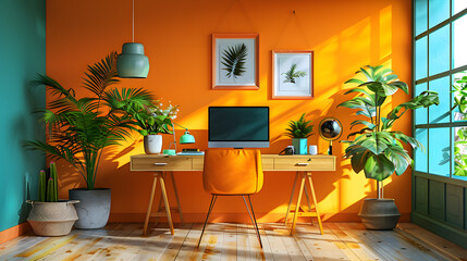 Computer desk in orange room with plant and picture frame