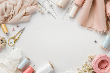 Photo in light elegant tones of different fabric and sewing tools, sewing accessories, sewing threads, thread spools, needles, pins on the white table with copy space