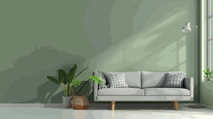 Grey sofa basket with plaid houseplant and standard 