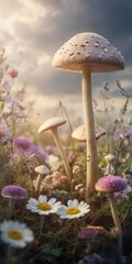 Whispers sparkling of close up mushrooms. AI generated illustration