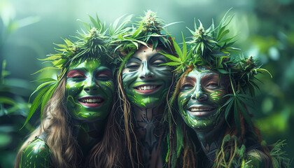 abstract surreal marijuana or marihuana leaf faces, happy consumer, weed, drug, wallpaper art or artwork, hashish or hash, thc legalization