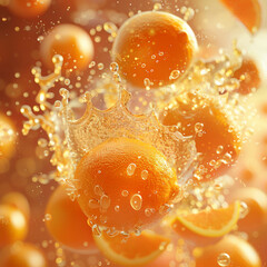 Dynamic Splash and Oranges Immersed in Sparkling Amber Liquid